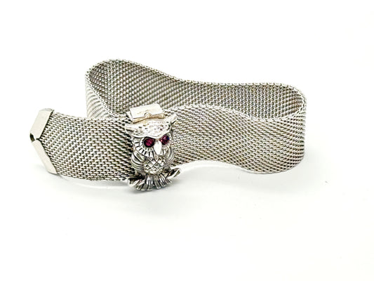 Sarah Coventry nocturne owl bracelet silver tone mesh with 3D owl charm