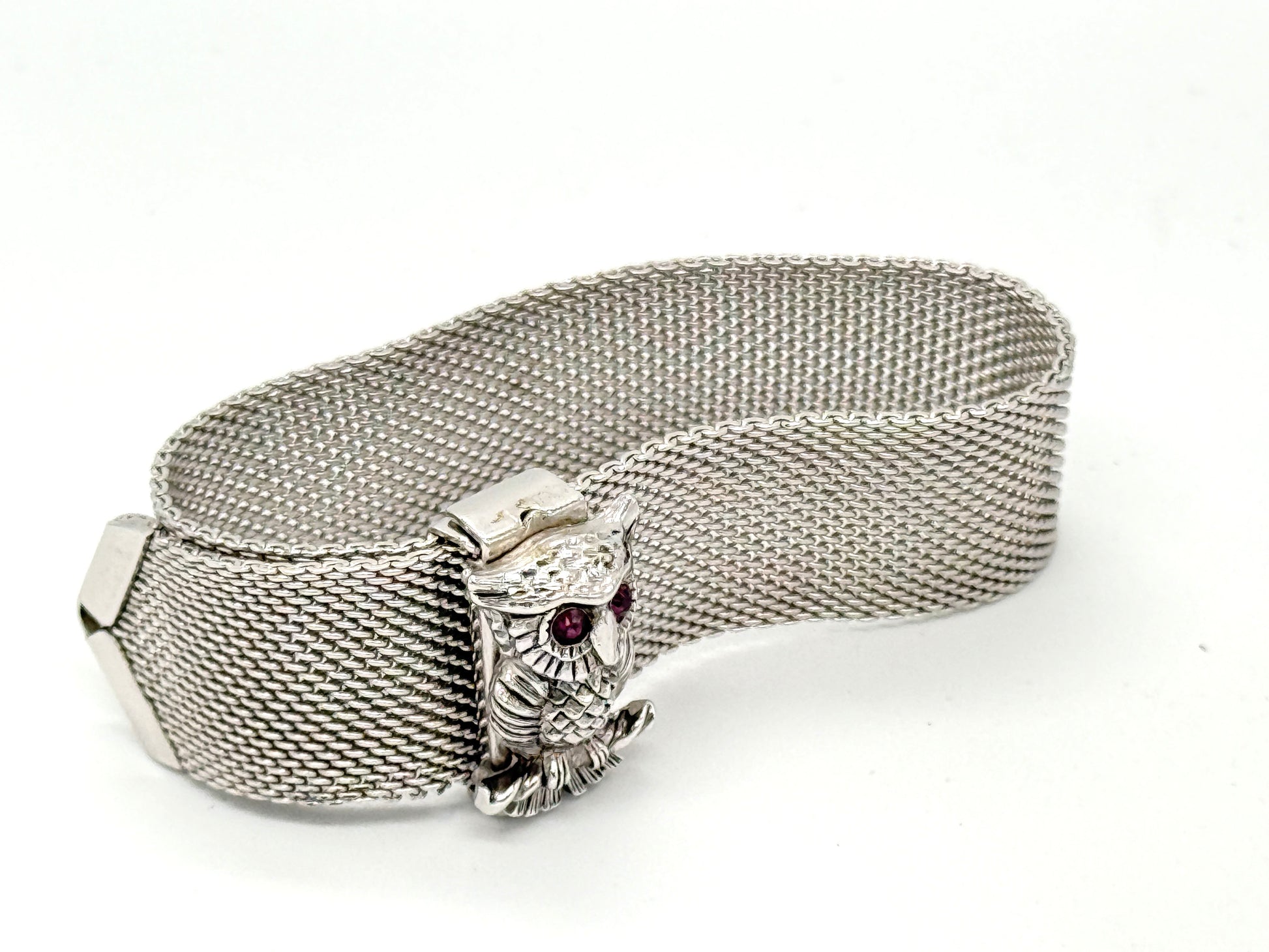 Sarah Cov 1970s nocturne owl bracelet silver tone mesh with 3D owl charm