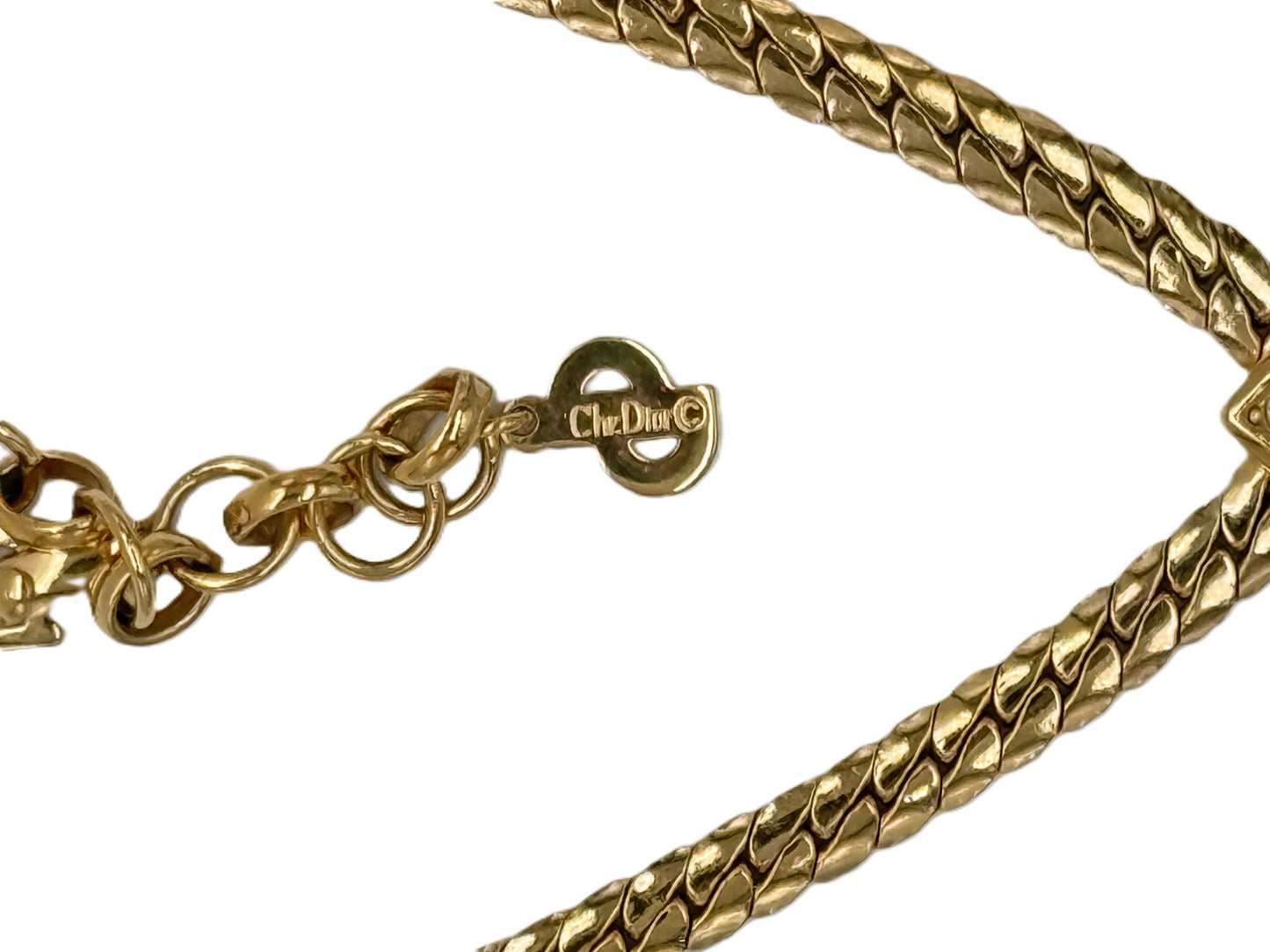 Vintage Christian Dior Pearl & Crystal Pendant Herringbone Necklace — Signed | 1980s | Gold-Tone | 16"