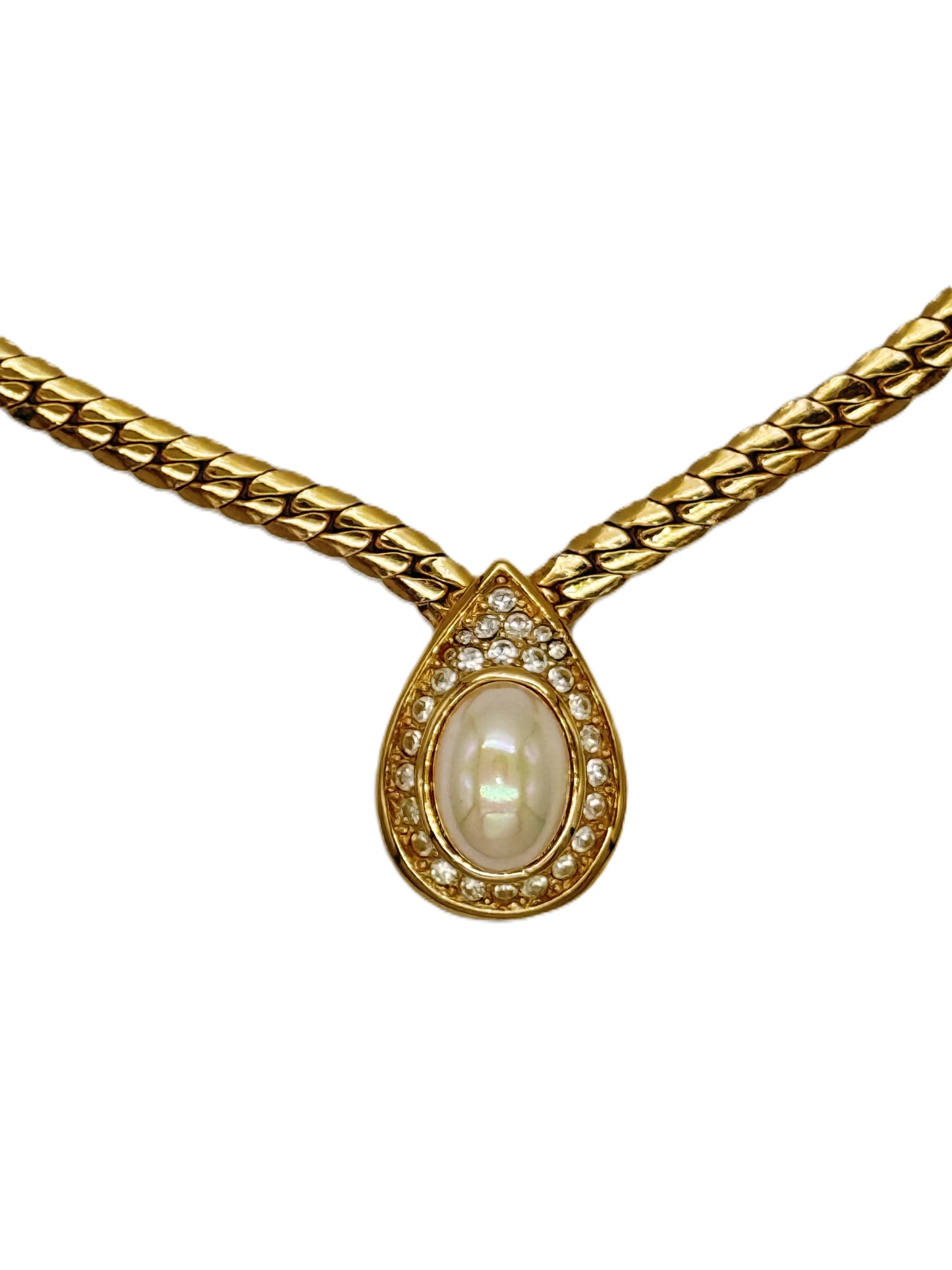 Vintage Christian Dior Pearl & Crystal Pendant Herringbone Necklace — Signed | 1980s | Gold-Tone | 16"