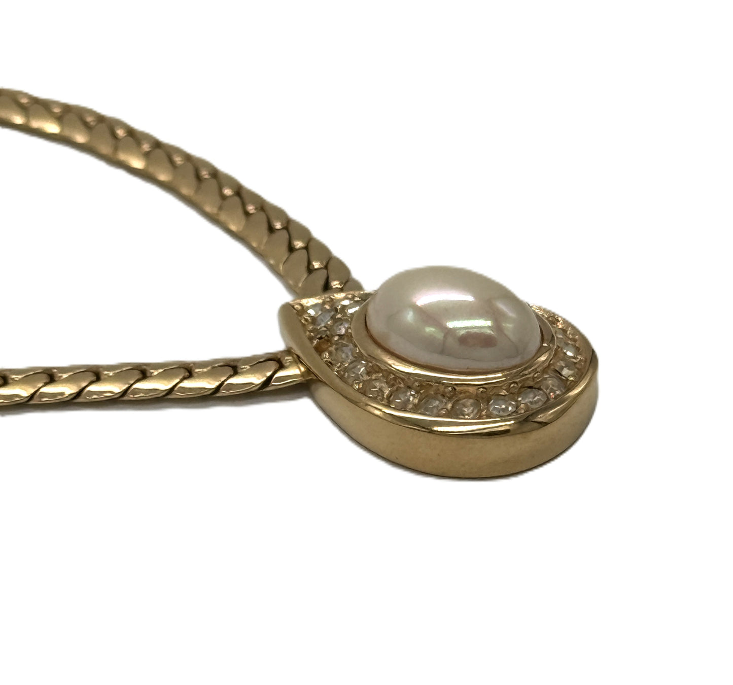 Vintage Christian Dior Pearl & Crystal Pendant Herringbone Necklace — Signed | 1980s | Gold-Tone | 16"