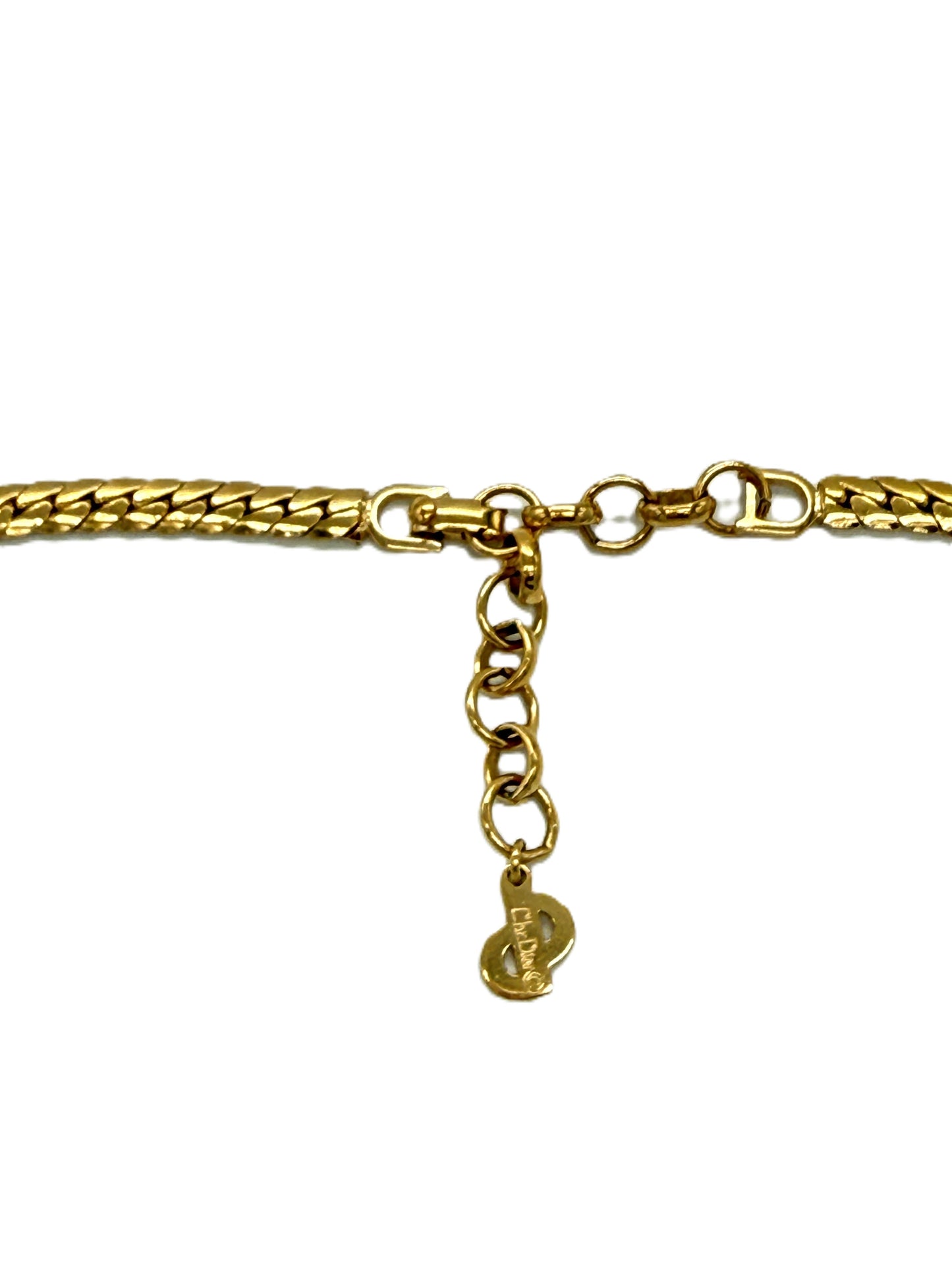 Vintage Christian Dior Pearl & Crystal Pendant Herringbone Necklace — Signed | 1980s | Gold-Tone | 16"