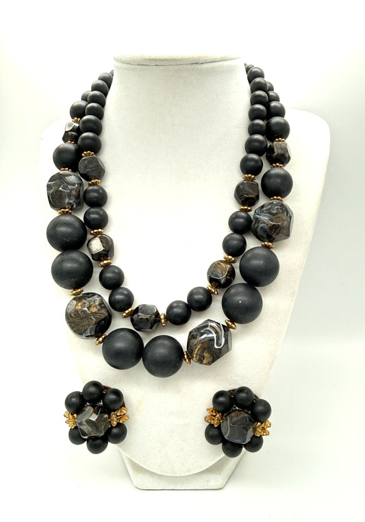 Vintage 1950s Matte Black Bead Necklace & Earrings Set — 2-Strand | Faux Pearl | Marbleized Beads | Clip Earrings