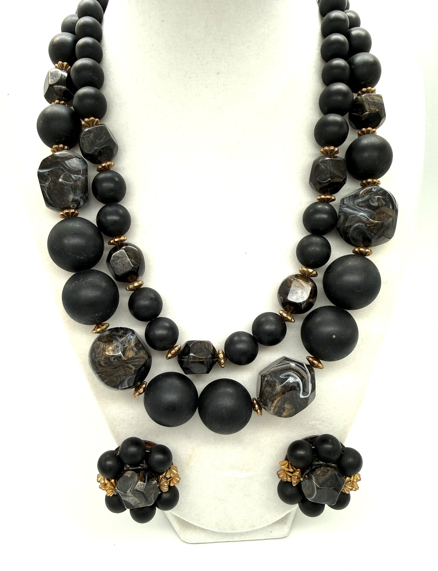 Vintage 1950s Matte Black Bead Necklace & Earrings Set — 2-Strand | Faux Pearl | Marbleized Beads | Clip Earrings