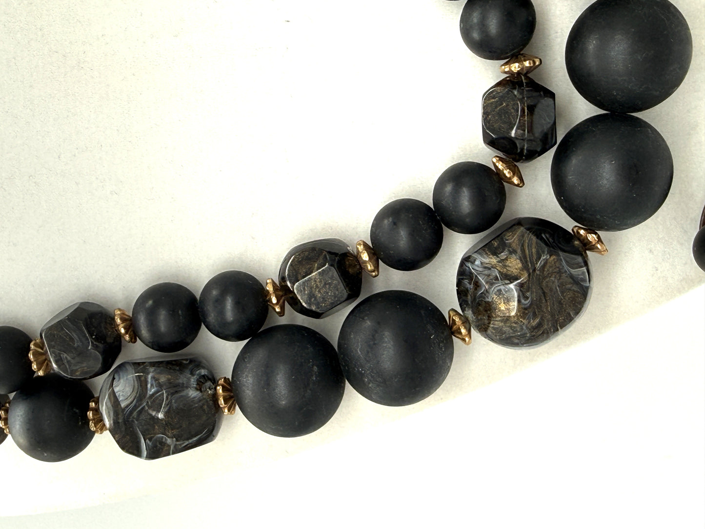 Vintage 1950s Matte Black Bead Necklace & Earrings Set — 2-Strand | Faux Pearl | Marbleized Beads | Clip Earrings