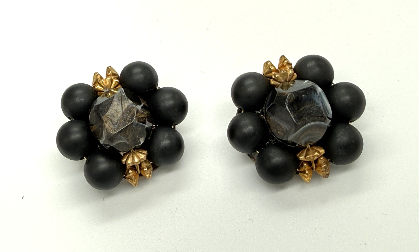 Vintage 1950s Matte Black Bead Necklace & Earrings Set — 2-Strand | Faux Pearl | Marbleized Beads | Clip Earrings