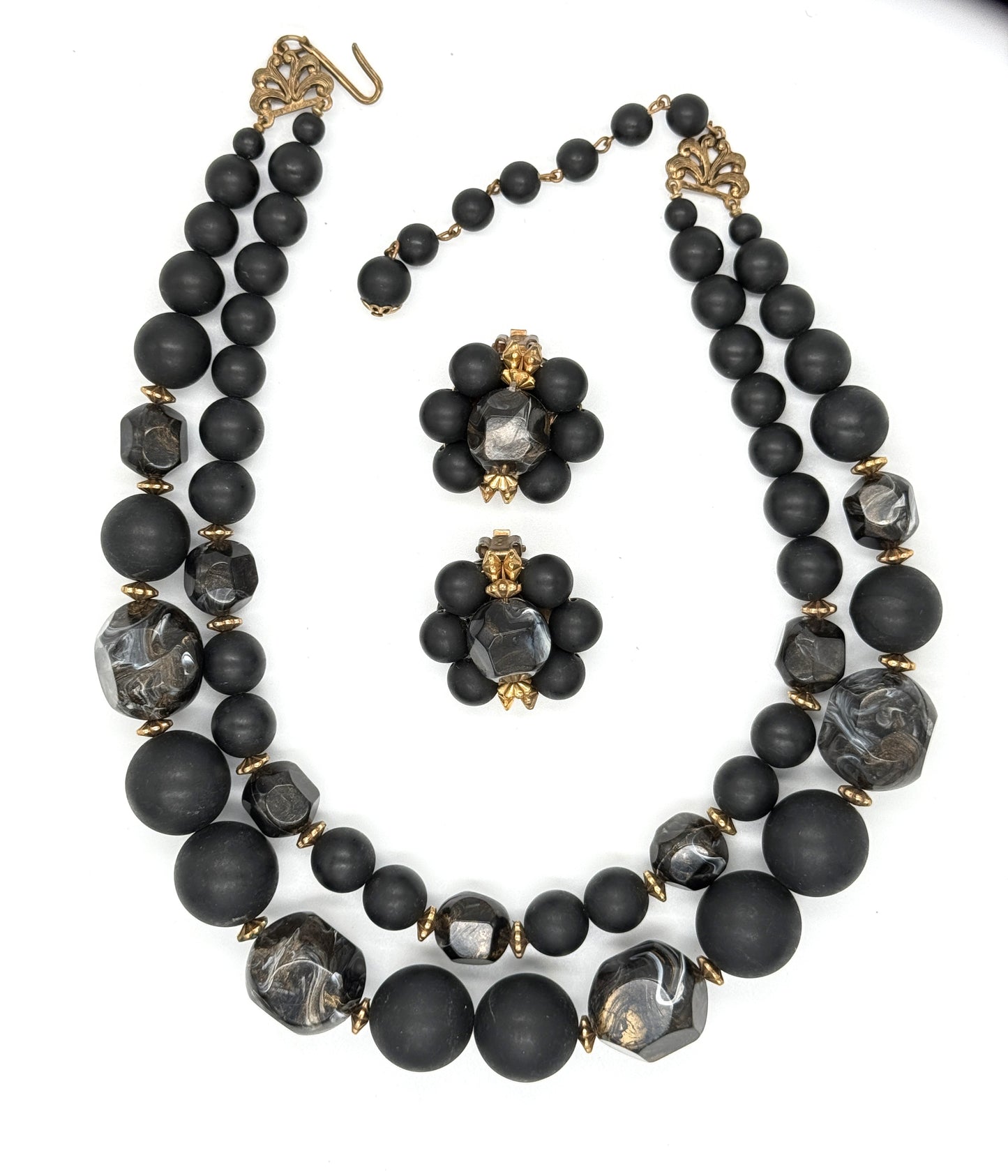 Vintage 1950s Matte Black Bead Necklace & Earrings Set — 2-Strand | Faux Pearl | Marbleized Beads | Clip Earrings