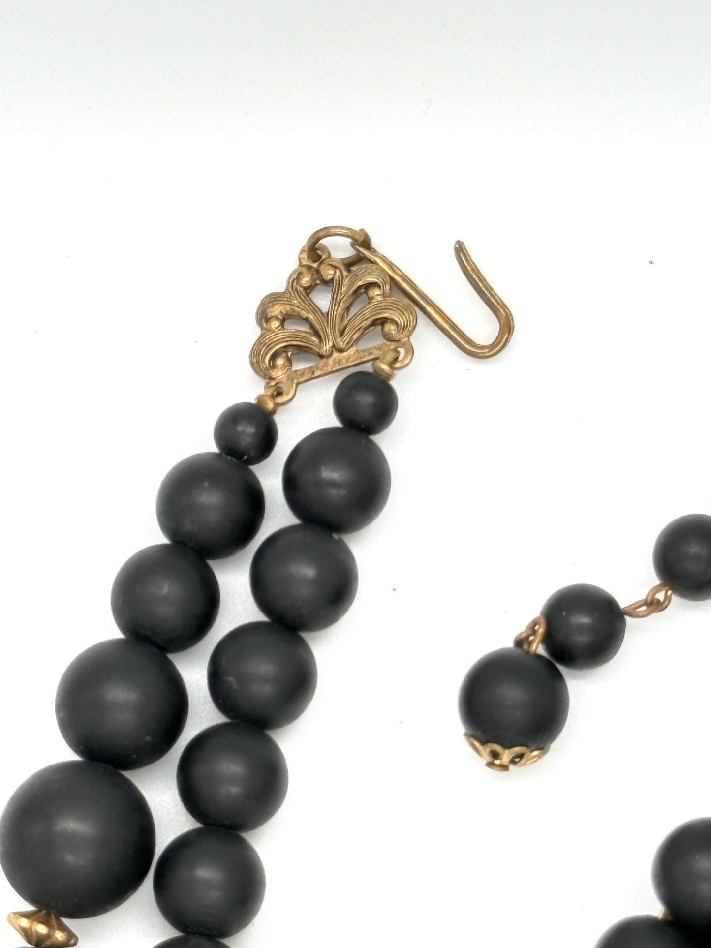 Vintage 1950s Matte Black Bead Necklace & Earrings Set — 2-Strand | Faux Pearl | Marbleized Beads | Clip Earrings