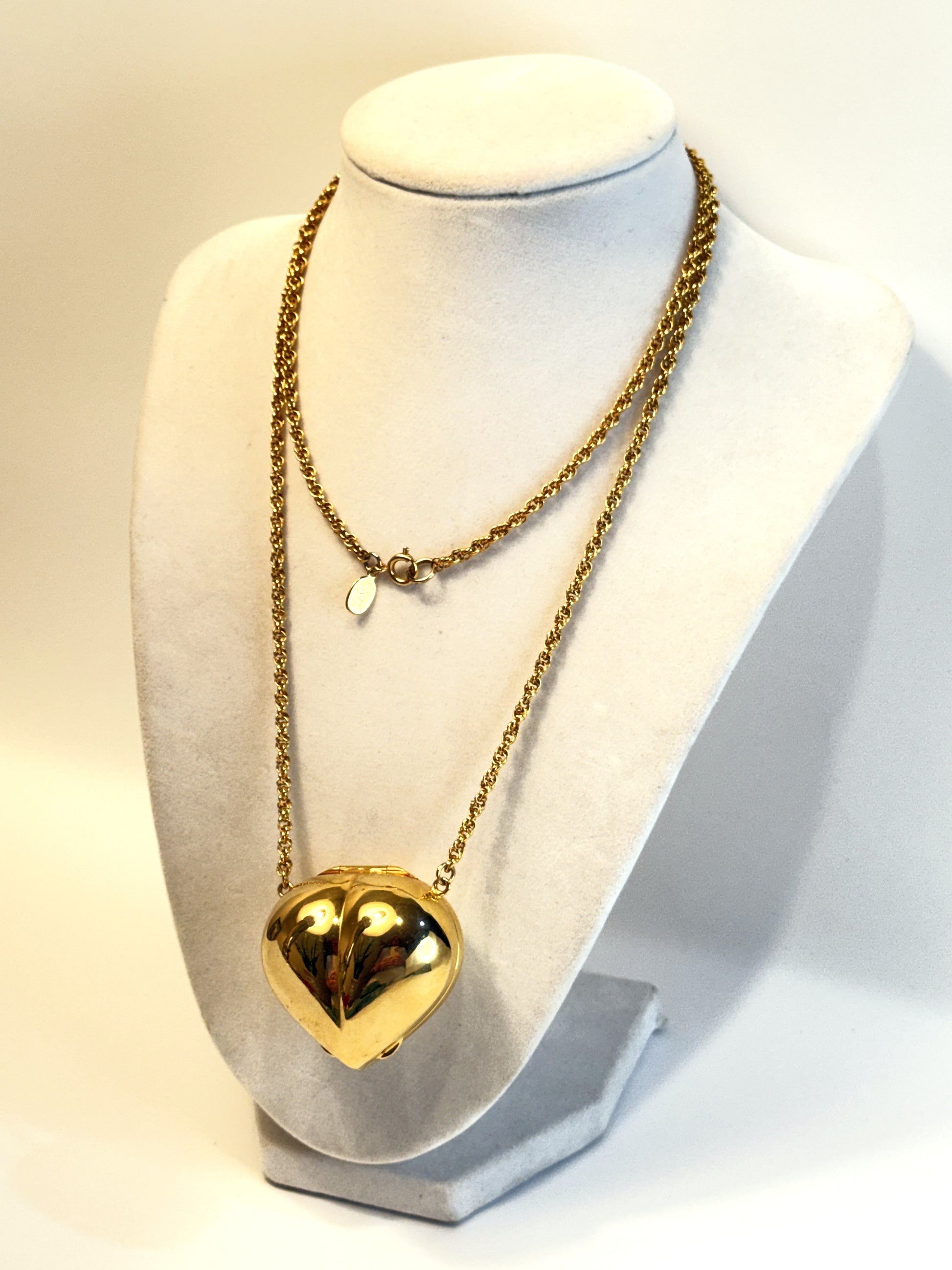 DVF Diane Von Furstenberg 1980s gold heart-shaped locket pendant necklace vintage statement jewelry